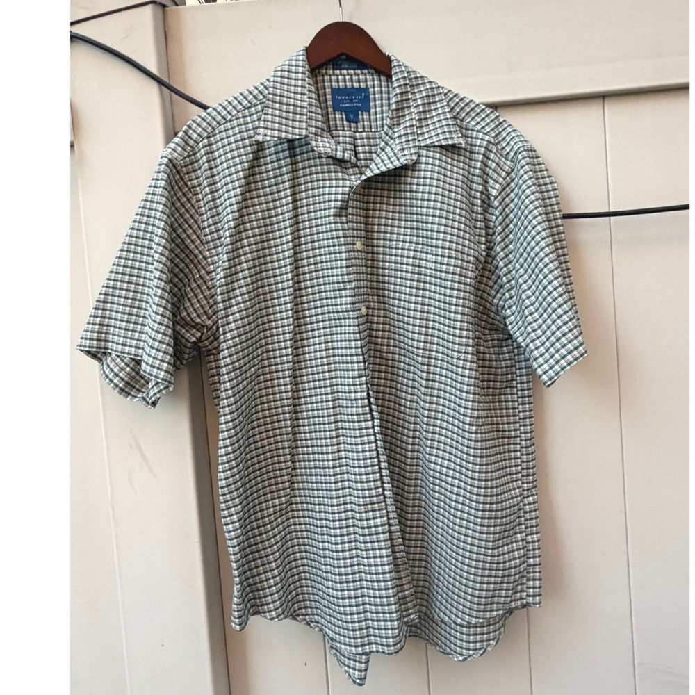 Towncraft‎ Mens Large Green Plaid Wrinkle Free Short Sleeve Button Down Shirt